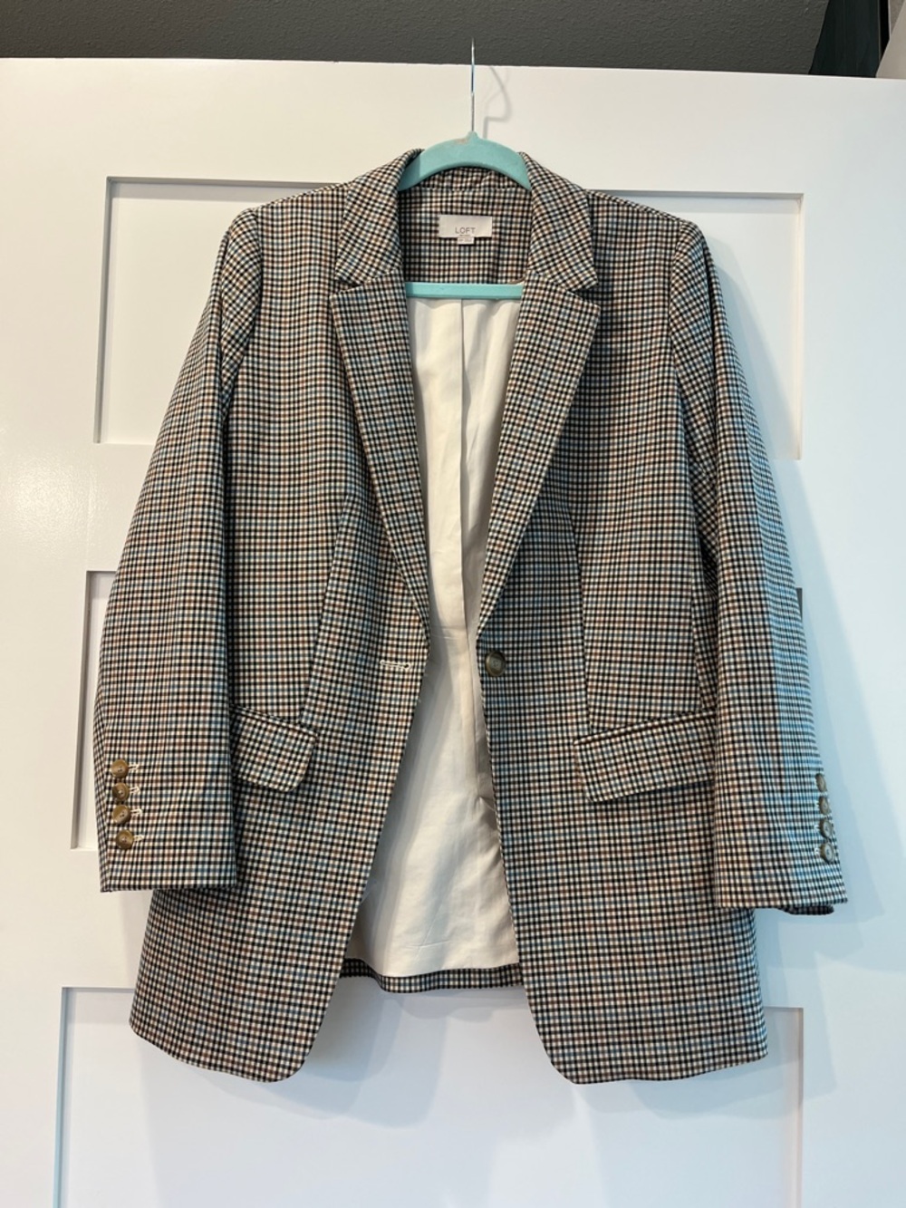 LOFT Black and Cream Houndstooth Notch-Lapel Blazer